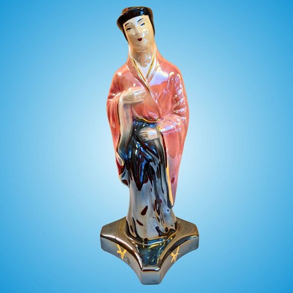 Tall mid-century Hollywood Regency lusterware Chinese pink black gold statuette - Picture 5 of 16